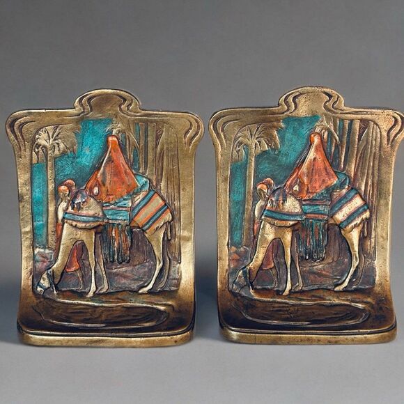 RARE Antique 1920s Pompeian Bronze Bookends Egyptian Revival Camel Art Deco
